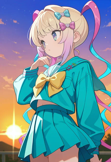 masterpiece, best quality, high quality, detailed, absurdres, uncensored, <lora:kejuki:1> kejuki, ketsu juuji killer \(kejuki\), depth of field, outdoors, sunset,
BREAK 1girl, chouzetsusaikawa tenshi-chan, (small breasts:0.4), multiple hair bows, quad tails, aqua serafuku, yellow bowtie, aqua skirt, pleated skirt, hand up, parted lips, looking to the side, portrait