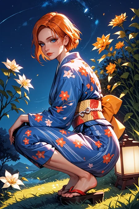 score_9, score_8_up, score_7_up,
<lora:DALeliana:0.8>
DALeliana, 1girl, orange hair, blue eyes, looking at viewer, night, grass, squatting, yukata, japanese clothes, floral print, obi, from side, looking at viewer, sandals, star \(sky\)