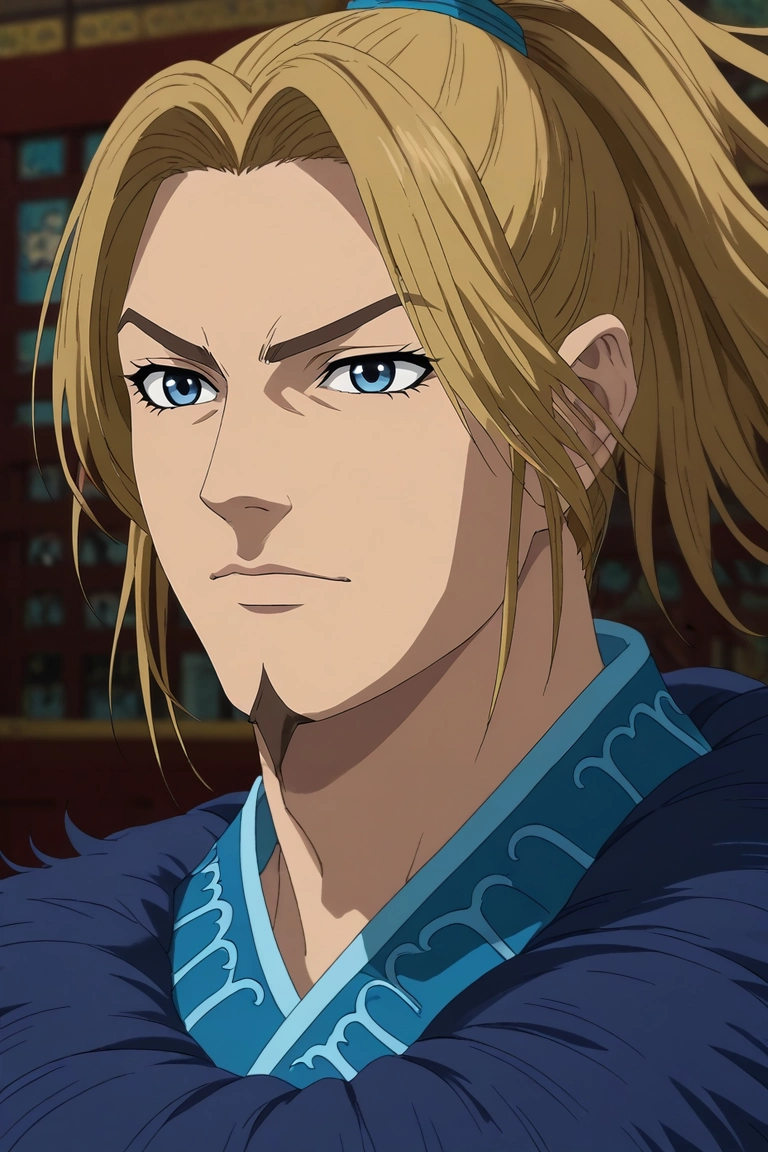 score_9, score_8_up, score_7_up, , rating_safe, , semi-realistic, , depth of field, 1boy, solo, male focus, <lora:li_mu_pony:0.92>, li_mu, blonde hair, blue eyes, long hair, ponytail, facial hair, goatee, aged down, , ,, <lora:sdxl_lightning_8step_lora:1>