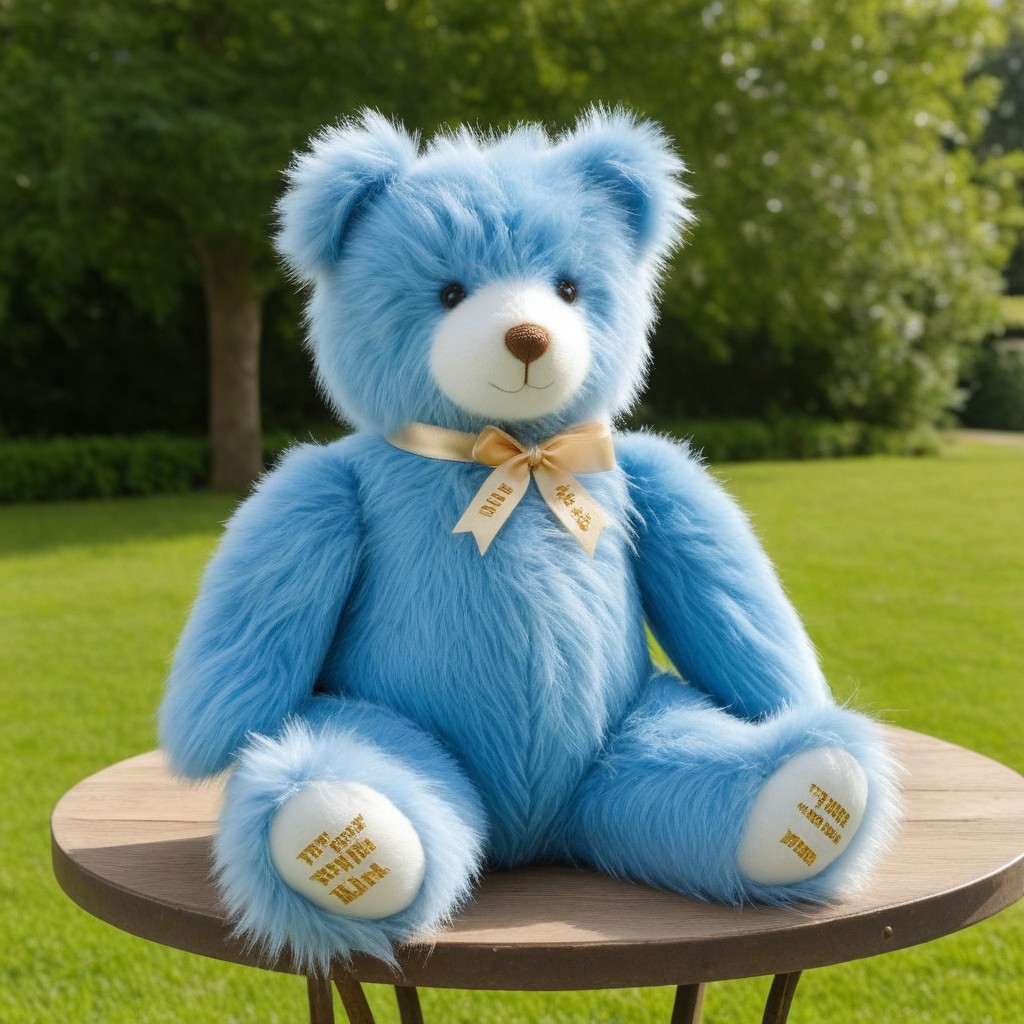 teddy_bear_long_fur,
solo,,full body,
blue fur,
ribbon is tied around its neck,
Gold-colored text is visible on the ribbon,
Antique table, outdoors, bright sunlight, garden, green trees, blue sky, white clouds,
