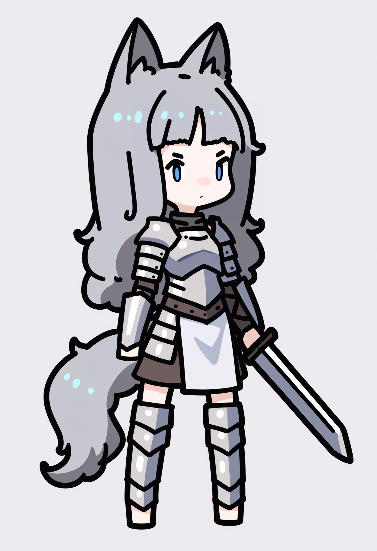 score_9, score_8_up, score_7_up, score_6_up, score_5_up, score_4_up, BREAK
1girl, long hair, grey hair, blue eyes,
chibi, wolf ears, wolf girl, wolf tail,
armor, breastplate, greaves, holding a giant sword,
standing, full body, solo, looking at viewer, simple background, white background    <lora:RabbitAndSteelXLLocon:1>