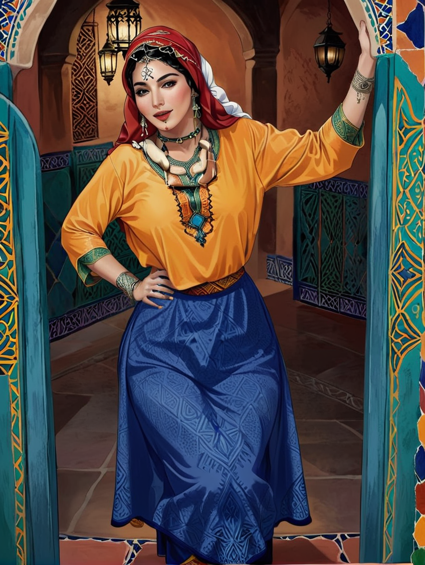 1woman, behance contest winner, moroccan art, poster art, digital illustration, <lora:UshamXL:1.2>, moroccan pattern background,