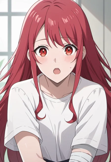 score_9, score_8_up, score_7_up, source_anime, leeler sophia, red hair, red eyes, long hair, 1girl, solo, looking at viewer, bandages, shirt, blush, upper body, hair down, open mouth, white shirt, short sleeves, bandaged arm