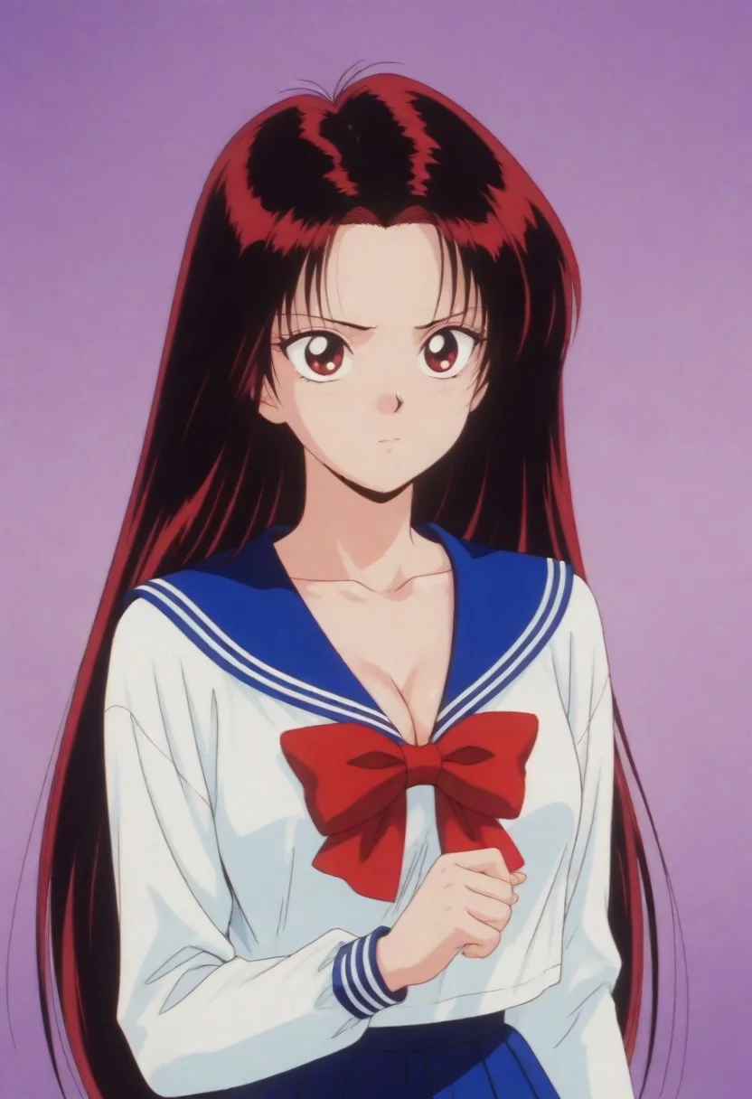 masterpiece, best quality, amazing quality,,,,<lora:izunaIL:0.8>1girl,Haduki_IzunaPO,1990s \(style\),retro artstyle, red eyes,black hair,red hair,very long hair,cleavage,collarbone, school uniform,serafuku,shirt,white shirt,blue sailor collar,bowtie,red bowtie,