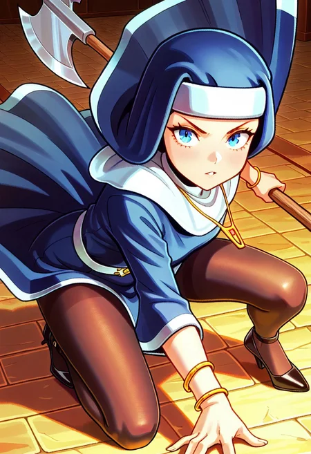 masterpiece, best quality, amazing quality, very aesthetic, absurdres, newest, fayeffl3, 1girl, blue habit, gold necklace, gold bracelets, blue eyes, white belt, black low heels, pantyhose, ((action pose)), close up, looking at viewer, axe, holding axe