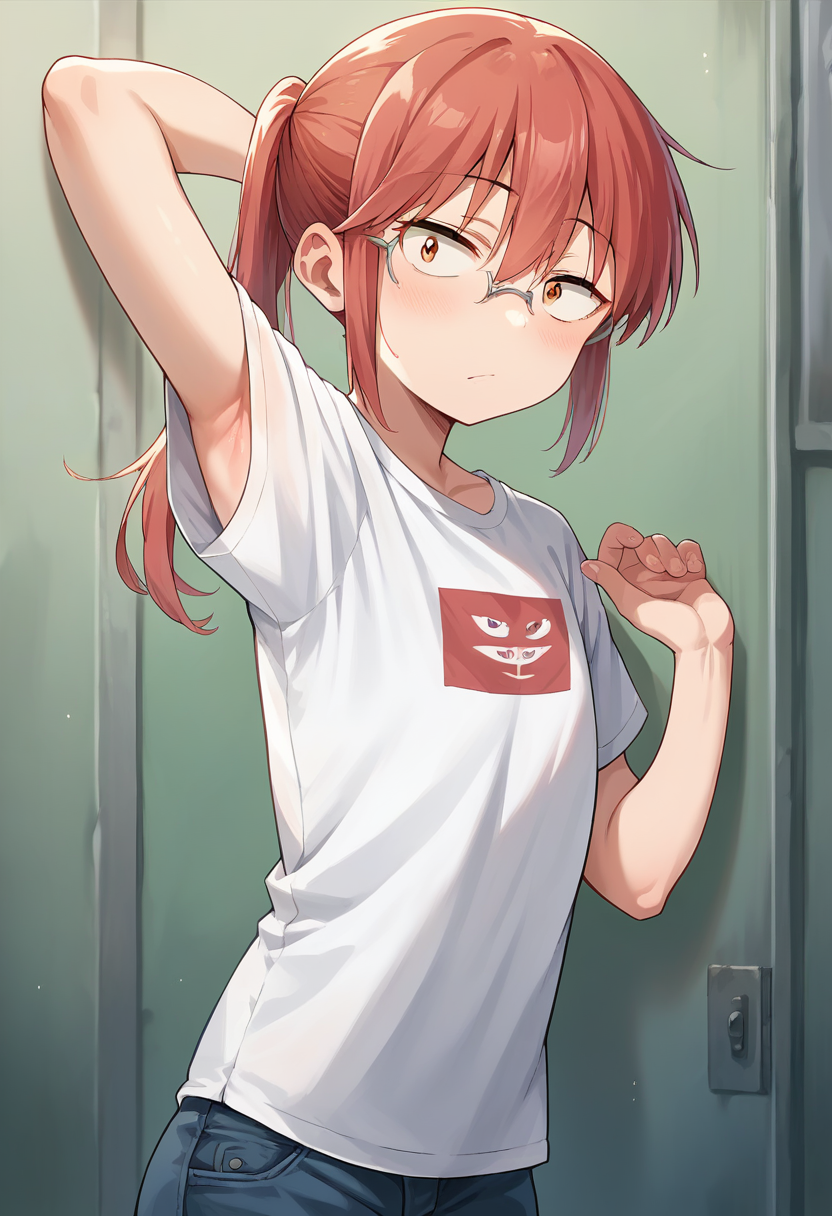 score_9, score_8_up, score_7_up, source_anime, masterpiece, 1girl, ctiankobayashi, flat chest, white t-shirt, armpits, looking at viewer, standing, <lora:kobayashiPONYct:0.8>