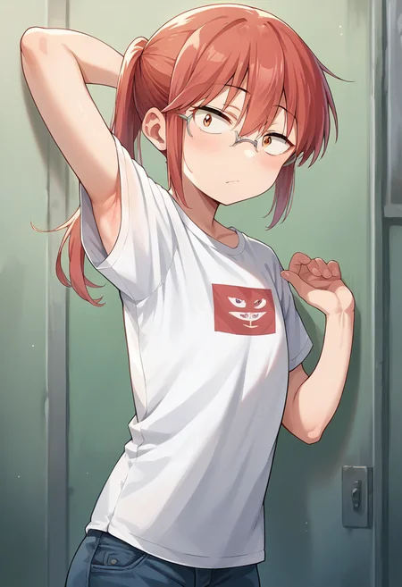 score_9, score_8_up, score_7_up, source_anime, masterpiece, 1girl, ctiankobayashi, flat chest, white t-shirt, armpits, looking at viewer, standing, <lora:kobayashiPONYct:0.8>