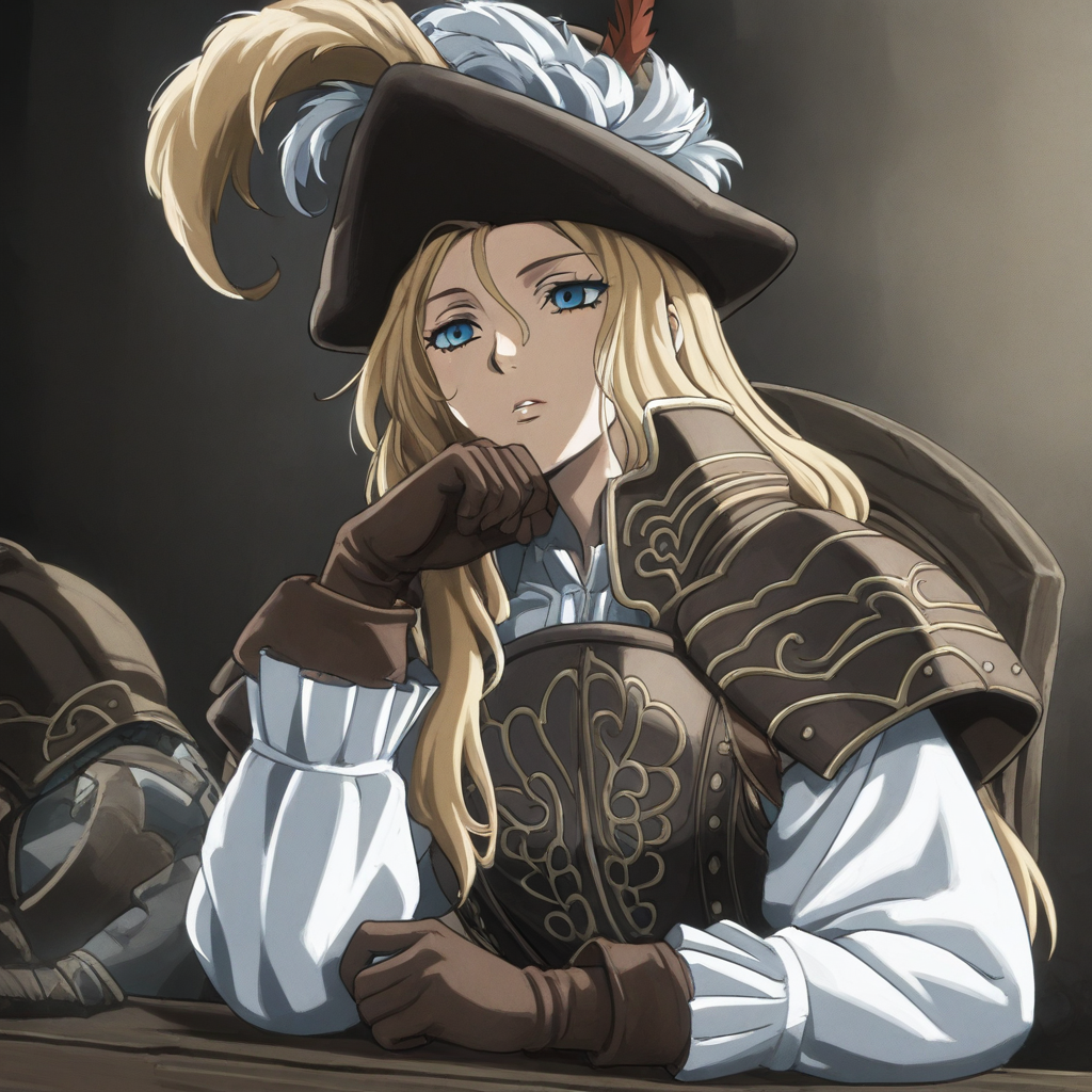 masterpiece, best quality, newest, absurdres, highres, anime, anime style, 1girl, DS2Luc-V1.1, blonde, armor, hat, tricorne, brown gloves, long sleeves, hat feather, blue eyes, long hair,