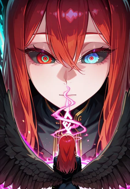 Mevak_PS, 1girl, solo, red hair, long hair, detailed eyes, multicolored eyes, heterochromia, black sclera, red eyes, blue eyes, close-up, decorated clothes, black feathered wings, standing, portal, hand reaching out, swirling magic energy, runic symbols, dark ruins, intricate details, (blurry background, depth of field, bokeh:0.9), dynamic angle,
BREAK (masterpiece), (best quality), (ultra-detailed), amazing quality, very aesthetic, illustration, perfect composition, intricate details, absurdres, incredibly absurdres, high resolution, ultra-detailed, newest, extremely detailed eyes, beautiful, perfect lighting,
