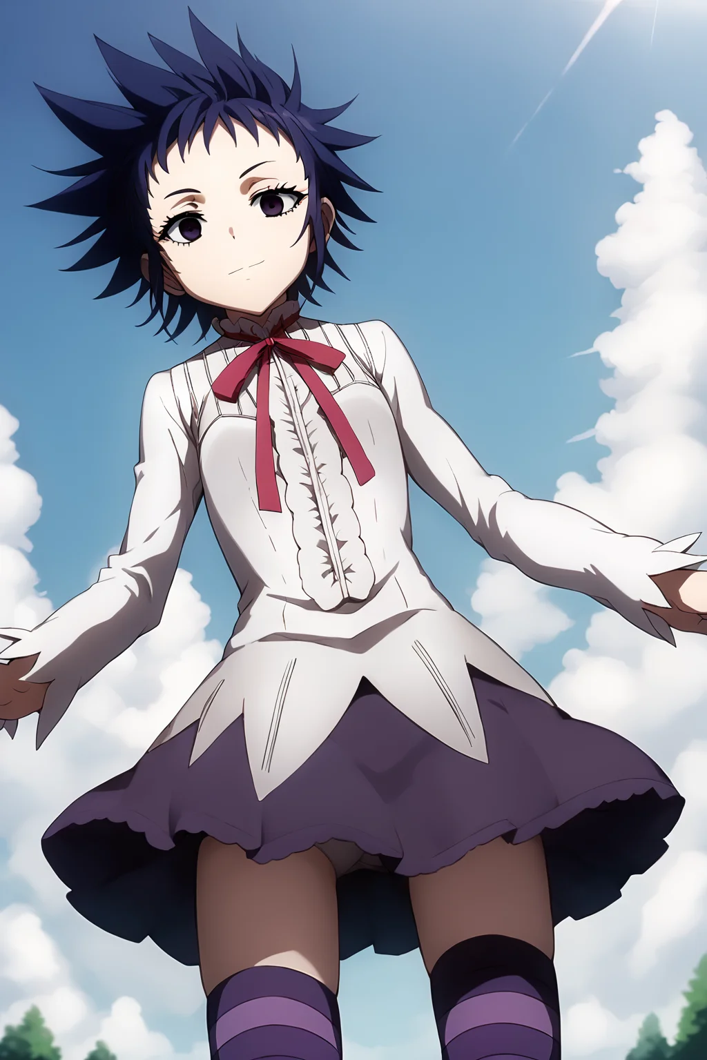 sharp focus, pixiv masterpiece, intricate details,  expressionless, source_anime,  score_9_up, score_8_up, score_7_up, score_9, looking at viewer, headshot, 
, highres,, 1girl,solo, remarkable, absurd res, sunny, sky,   <lora:roadkamelot_PonyXL_0.3:1>, roadkamelot, cowboy shot, collared_ribbon, ruffle shirt, skirt, striped_legwear, faint smile, standing, eyelashes, low angle