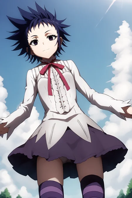 sharp focus, pixiv masterpiece, intricate details, expressionless, source_anime, score_9_up, score_8_up, score_7_up, score_9, looking at viewer, headshot,
, highres,, 1girl,solo, remarkable, absurd res, sunny, sky, <lora:roadkamelot_PonyXL_0.3:1>, roadkamelot, cowboy shot, collared_ribbon, ruffle shirt, skirt, striped_legwear, faint smile, standing, eyelashes, low angle