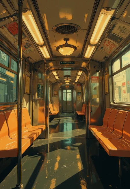 This image is a anime photograph of the interior of a subway train car, captured in a warm, golden hue that gives the scene a nostalgic and slightly vintage feel. The car features a sleek, modern design with polished stainless steel walls and ceilings. The floor is a dark, reflective black material that mirrors the light fixtures and the passengers' reflections. The seats are bright orange plastic, with a smooth, glossy finish, and are arranged in rows along the walls. Each seat has a backrest and a handrail for support. The windows are large and rectangular, allowing natural light to flood the car.
On the walls, there are advertisements and informational posters, including one that reads "Mullard Street Station" and another with a map of the subway system. The ceiling is lined with fluorescent lights, casting a soft, even glow throughout the car. The overall ambiance is clean and orderly, with a sense of motion and anticipation due to the empty seats and the open space. The photograph captures the everyday experience of riding public transportation, emphasizing the practicality and functionality of the subway car's design.