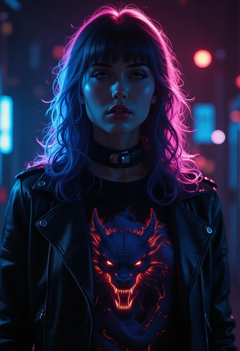 Cinematic style, Hyper-realistic, Photorealistic, Dramatic Chiaroscuro, Ethereal Beauty, High Definition,
detailed illustration, a cyberpunk goth mature woman, multicolored long hair with an asymmetrical hairstyle, bangs, goth-style eyeliner and eyeshadow, make-up, red lips, leather jacket with neon accents, t-shirt with a fire-breathing dragon print, mythp0rt, directional lighting