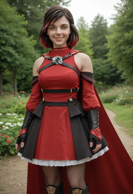 score_9, score_8_up, score_7_up,, high res ima , source_photo, source_real, (realistic:1.4),
,
1girl, cowboy shot, solo, outdoors, smile, looking at viewer, <lora:Summer_Rose_-_IL:0.8> SummerRose_RWBY,  short hair, black hair,gradient hair, grey eyes, fingerless gloves, detached sleeves, bare shoulders,  red dress,pantyhose, red cape, boots, masterpiece, best quality, good quality, newest