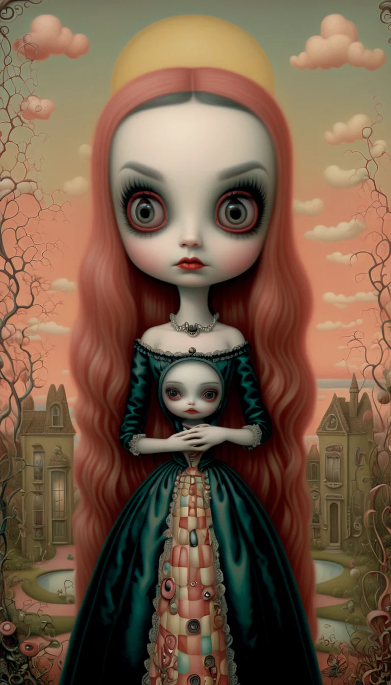 positiv Clip L: mark ryden style, an award-winning, of a bautiful woman, positiv Clip G: mark ryden style, an award-winning, of a skinny Gothic woman, sunset in the background,