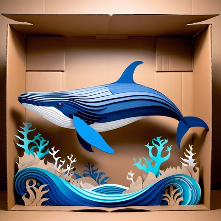 Photorealistic whale made from cardboard boxes, intricate details, lifelike yet fantastical, detailed textures, realistic fins and tail crafted from corrugated cardboard, layered and three-dimensional, high contrast, natural cardboard colors, cardboard ocean background, waves and sea plants crafted from cardboard, ethereal lighting, whimsical and imaginative