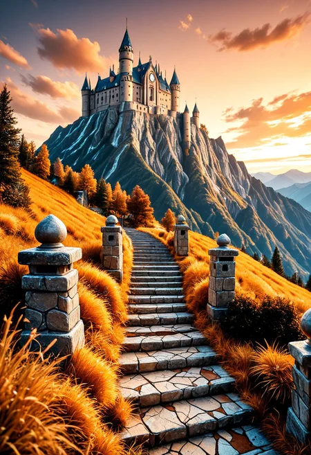 SmoothNoob_Quality, no humans, castle, cloud, gradient sky, mountain, mountainous horizon, orange sky, orange theme, outdoors, scenery, grass landscape, cracked floor, stairs,βββ <lora:Smooth_Booster:0.5>βββ