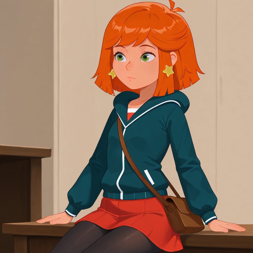 best quality,1girl, LillyO, orange hair, green eyes, star earring, default outfit, red skirt, jacket, black pantyhose