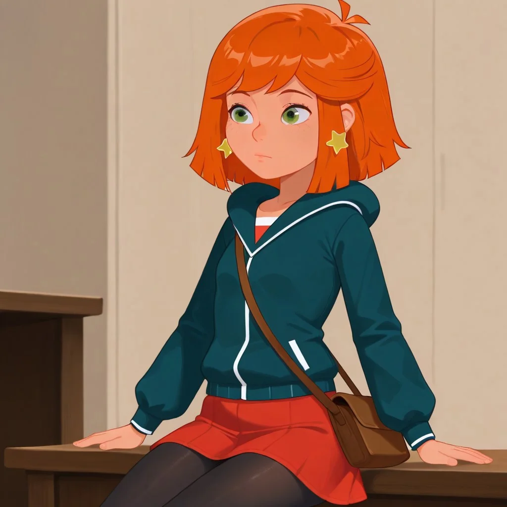 best quality,1girl, LillyO, orange hair, green eyes, star earring, default outfit, red skirt, jacket, black pantyhose