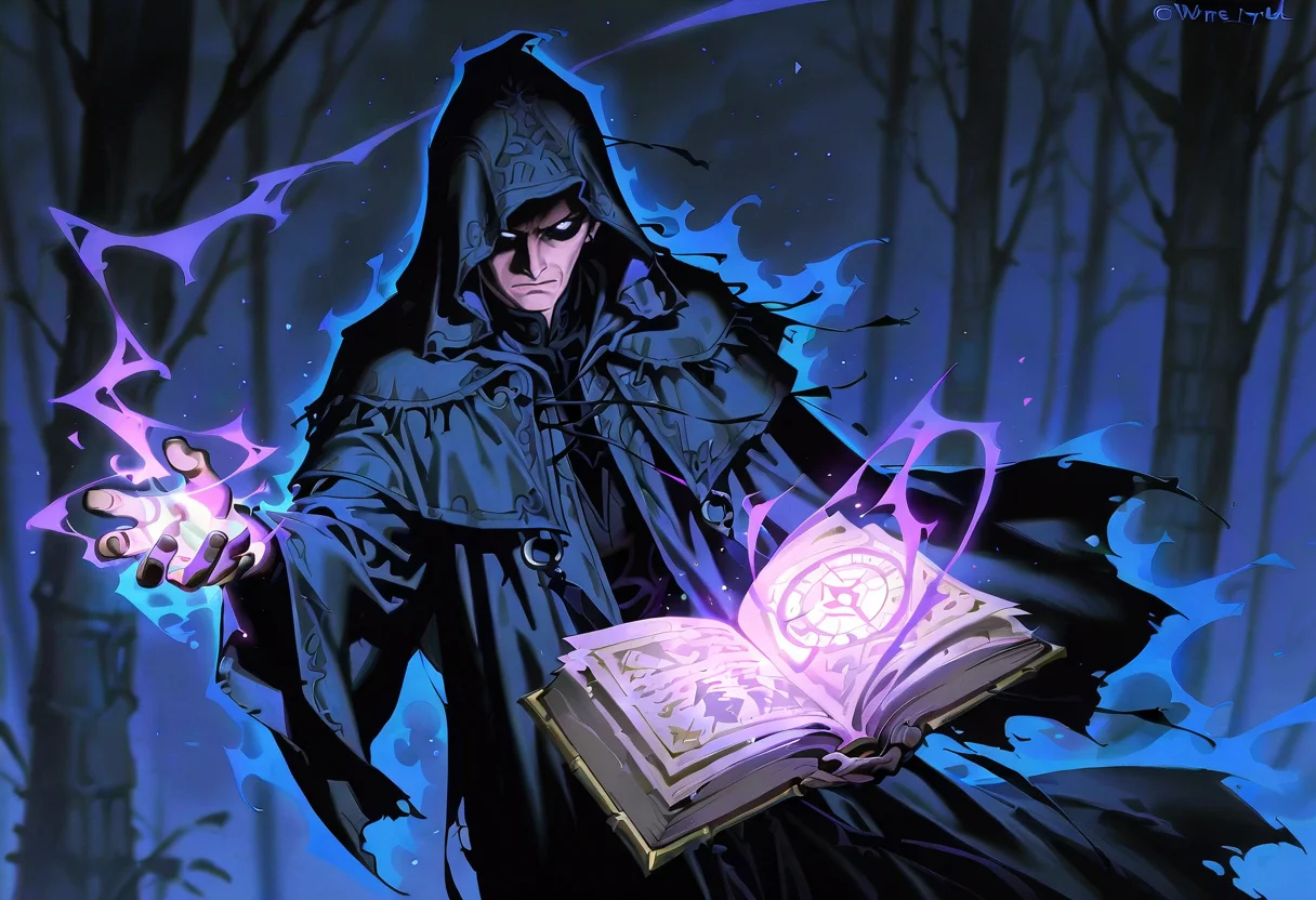 wayne reynolds, book, hood, 1boy, magic, male focus, robe, cloak, hood up