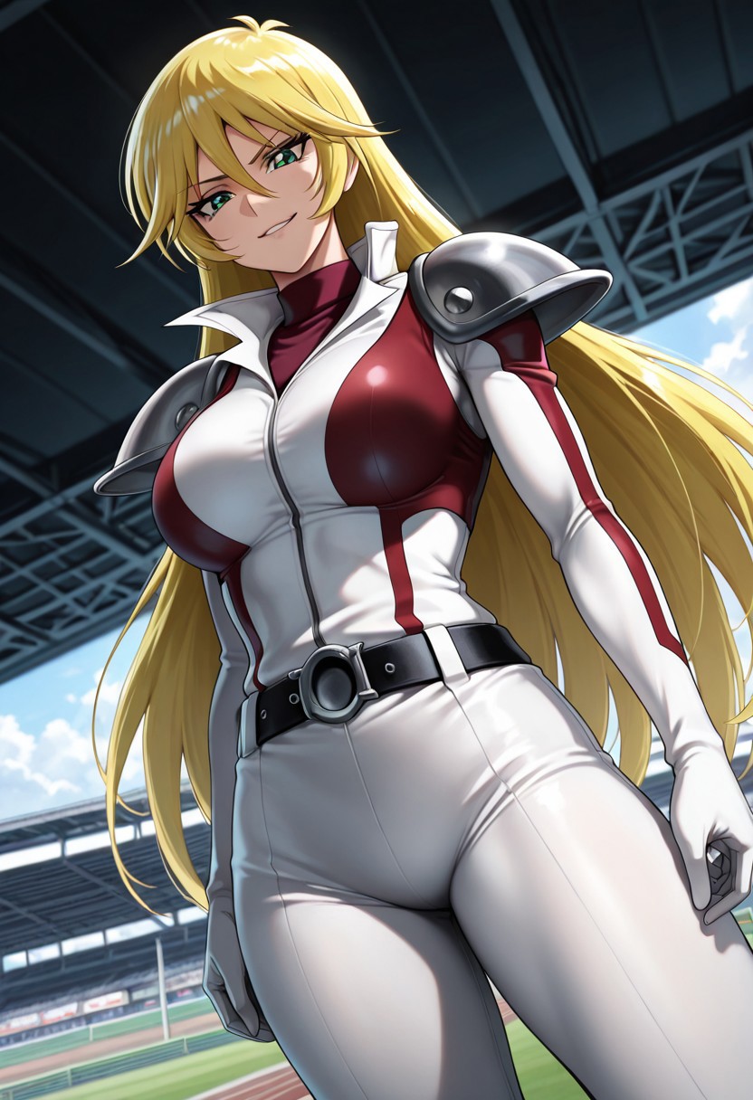 masterpiece, best quality, amazing quality, cinematic, (detailed), perfect lighting, anime, vibrant, dark, real_skin, skin imperfections, skin pores, intricate details, ((1girl, big legs,sherry_leblanc\(yu-gi-oh!\),green eyes,blonde hair, hair between eyes, long hair, smirking expression, muscular,white pilot suit, shoulder armor ,belt)),racetrack, focus on girl, dynamic angle,easynegative,d4ndon