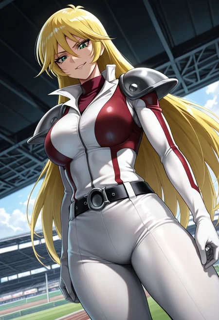 masterpiece, best quality, amazing quality, cinematic, (detailed), perfect lighting, anime, vibrant, dark, real_skin, skin imperfections, skin pores, intricate details, ((1girl, big legs,sherry_leblanc\(yu-gi-oh!\),green eyes,blonde hair, hair between eyes, long hair, smirking expression, muscular,white pilot suit, shoulder armor ,belt)),racetrack, focus on girl, dynamic angle,easynegative,d4ndon