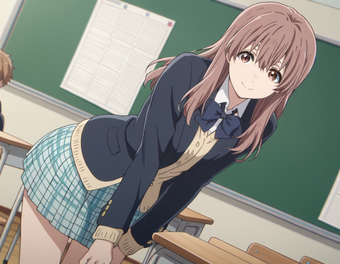 score_9, score_8_up, score_7_up, source_anime,
shoukonishimiya, <lora:shouko-nishimiya-movie-ponyxl-lora-nochekaiser:1>,
shouko nishimiya, long hair, brown hair, brown eyes,
skirt, bow, school uniform, jacket, plaid, plaid skirt, blazer,
indoors, classroom, smile, bent over,
looking at viewer, solo, cowboy shot, dutch angle,