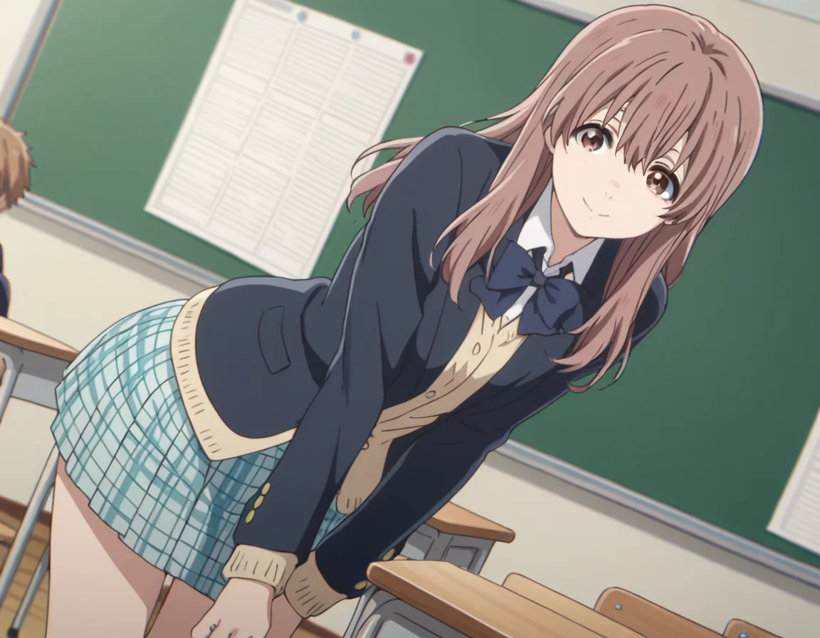score_9, score_8_up, score_7_up, source_anime,
shoukonishimiya, <lora:shouko-nishimiya-movie-ponyxl-lora-nochekaiser:1>,
shouko nishimiya, long hair, brown hair, brown eyes,
skirt, bow, school uniform, jacket, plaid, plaid skirt, blazer,
indoors, classroom, smile, bent over,
looking at viewer, solo, cowboy shot, dutch angle,