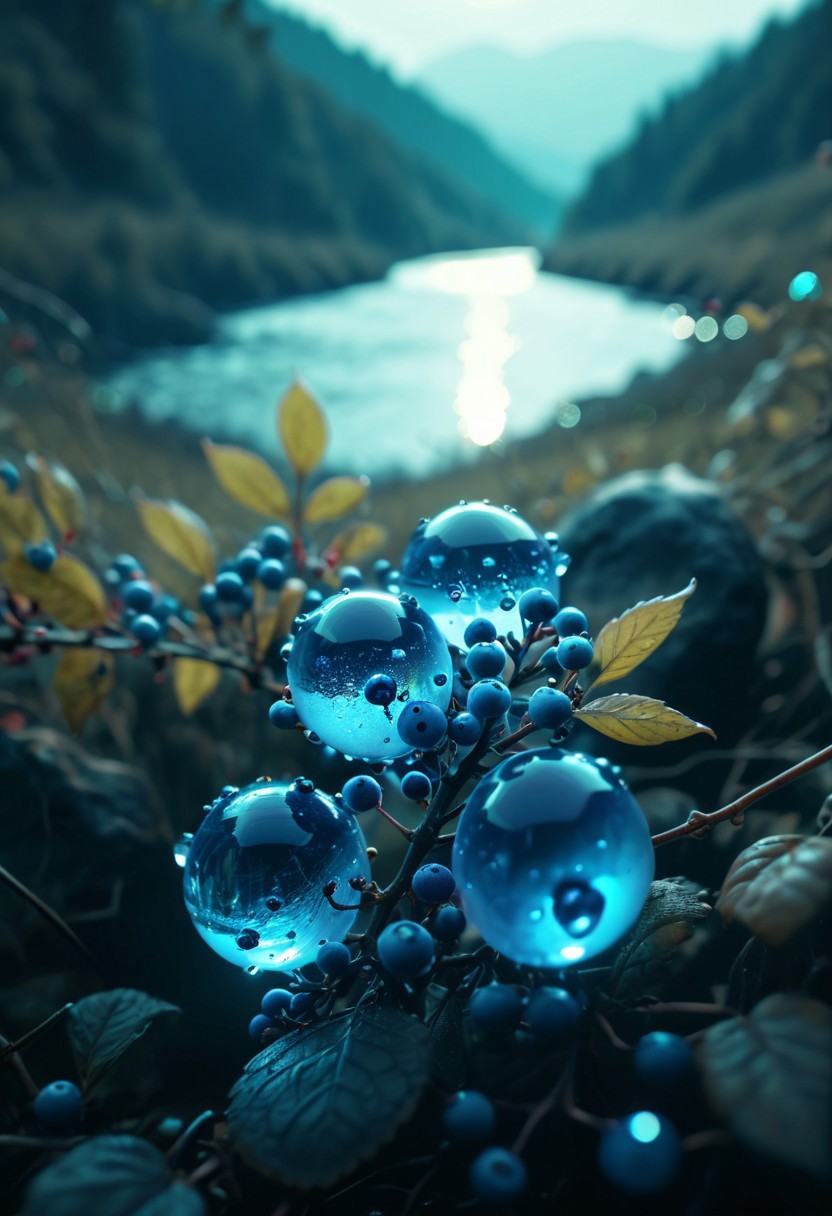 (8k analog nature photography:1.2),
(a beautiful landscape:1.1) with a river in the distance,
shiny sapphire (crystal:1.2) berries ,
<lora:Bio-Luminescence:1> bioluminescent