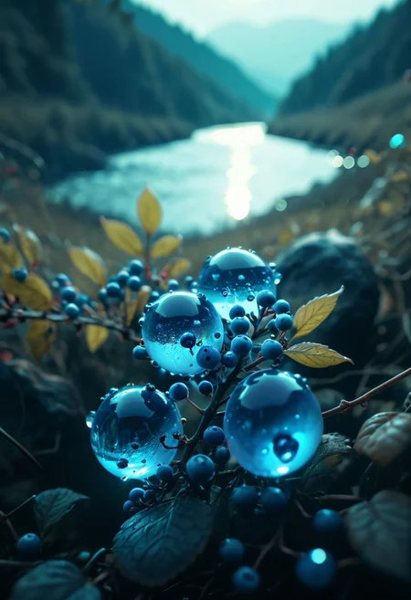 (8k analog nature photography:1.2),
(a beautiful landscape:1.1) with a river in the distance,
shiny sapphire (crystal:1.2) berries ,
<lora:Bio-Luminescence:1> bioluminescent