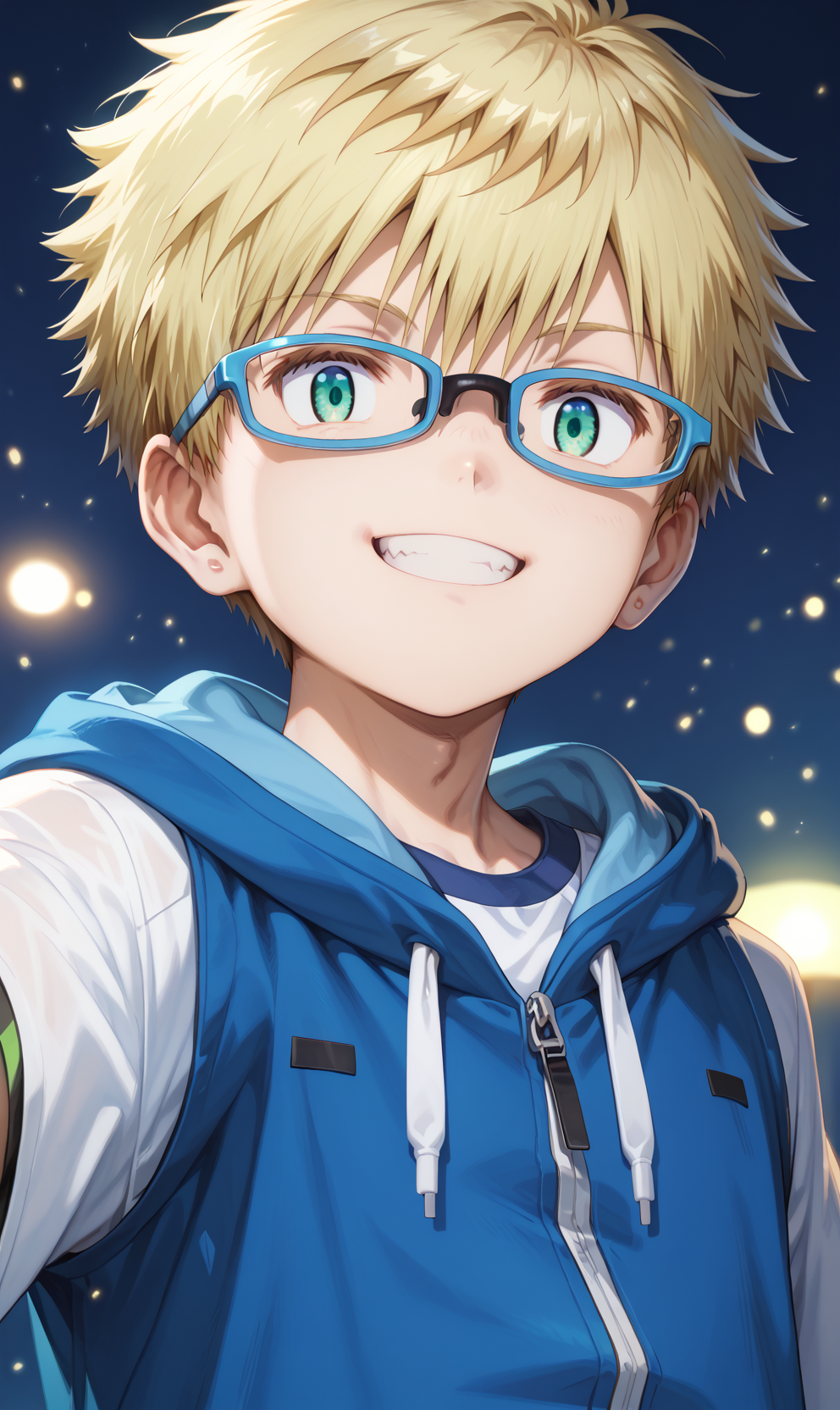 score_9, score_8_up, score_7_up, score_6_up, source_anime, close-up, dynamic pose, dutch angle,  1boy,   looking at viewer, smile, blonde hair, green eyes, glasses, male focus, hoodie,  dramatic lighting, light particles, depth of field, composition,  simple background, high quality,  highres, <lora:Rioh_Sonidori:1>