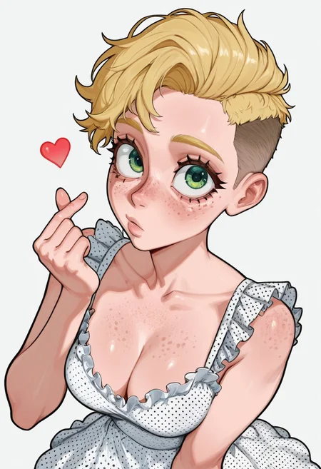 Pst,
short blonde hair, undercut,, frilled white dress, polka dot dress, green eyes, big eyes:1.2, freckles:2.0,
medium breasts,cleavage,atlethic body,
,solo,finger_heart gesture