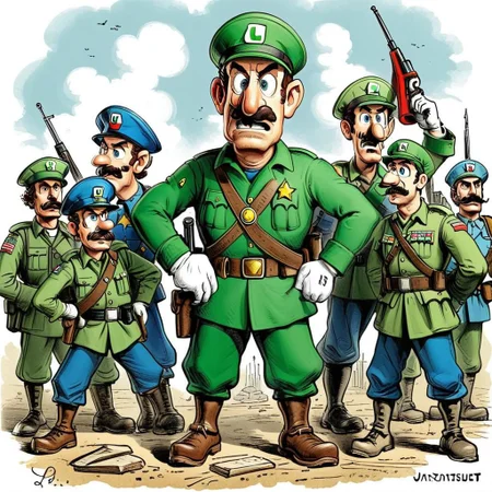 luigi stages a military coup,cartoon art by llbreton