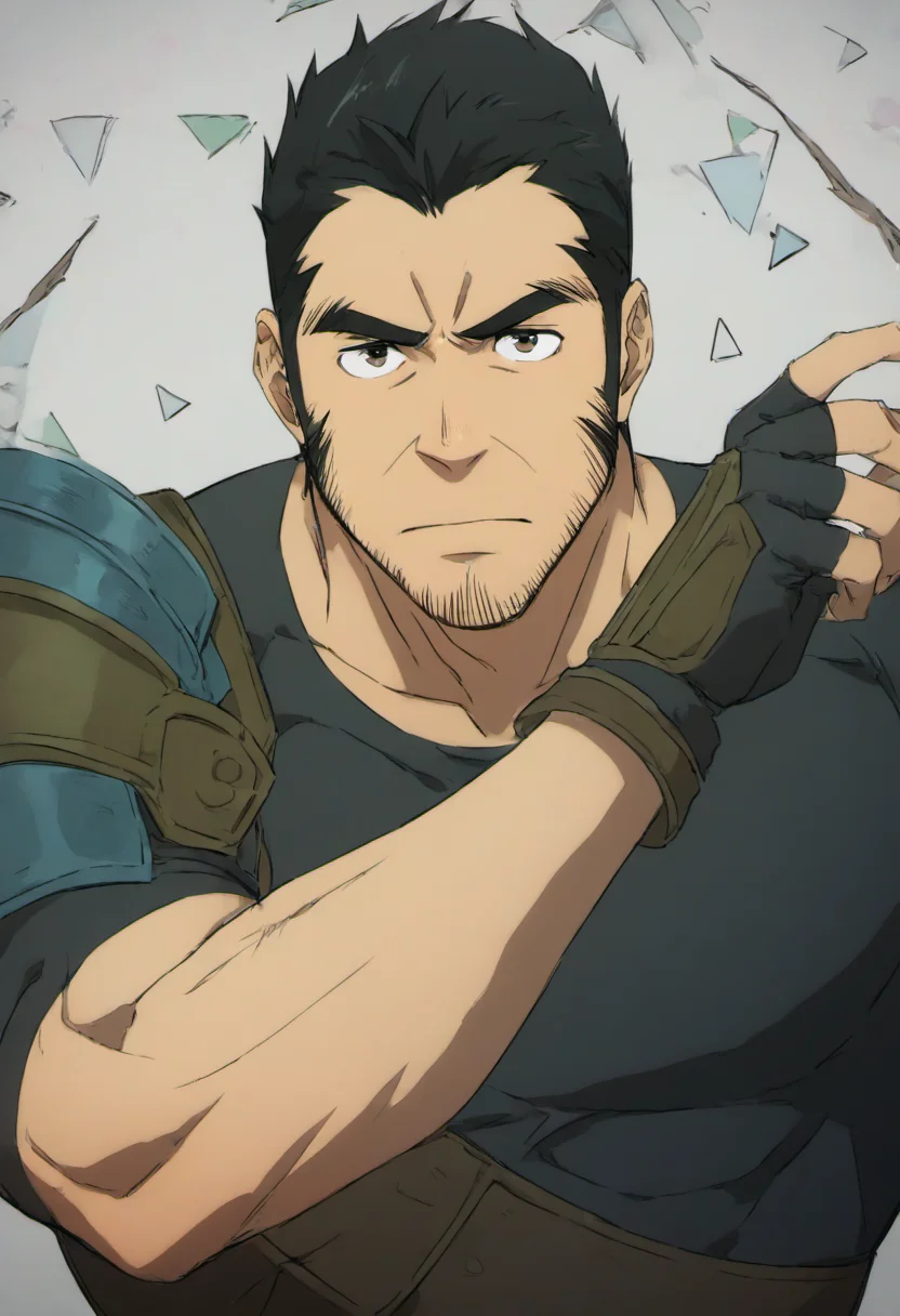 1boy,  Hwang Dongsuk, ((long sideburns)), ((wrinkle)), thick sideburns, armor,  (Stubble), (triangle_face), high headline, hairy, forest environment, tight black t-shirt,((middle-age man)), score_7_up, score_6_up, score_8_up, score_9_up, face_focus, muscular, expressionless, centered, looking at viewer,  8k uhd, high quality,(Nasolabial fold), attack pose