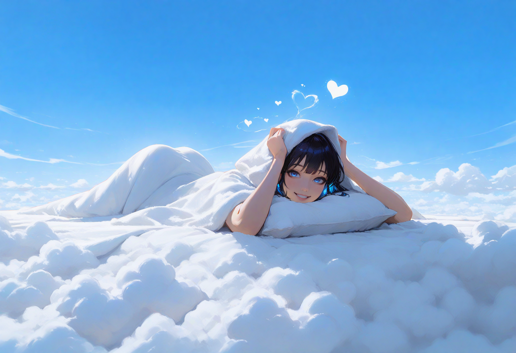 masterpiece, best quality, newest, absurdres, highres, day, colored light, 1girl,realistic,laying on a soft blanket, hands behind her head, smiling at the sky as floating heart-shaped clouds drift by,<lora:748cmSDXL:0.6> 748cmstyle <lora:klskx_wai:0.8> klskxâââ