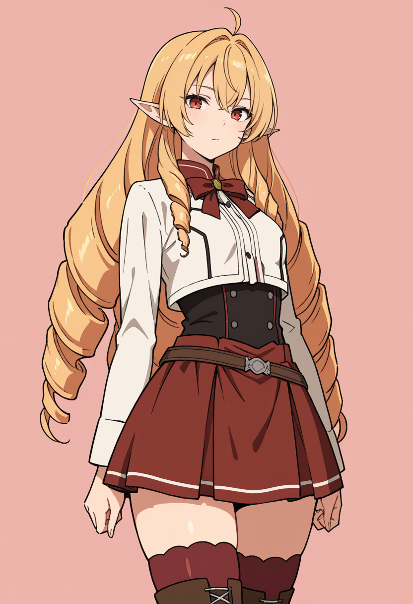 masterpiece, best quality,
1girl, solo, cowboy shot, 
standing, 
looking at viewer, 
<lora:Elinalise_Dragonroad:1> 3l1n4l1s3Dr4g0nr04d, very long hair, blonde hair, drill hair, twin drills, ahoge, pointy ears, red eyes, small breasts, elf, 
long sleeves, red bowtie, red skirt, thighhighs, 
simple background, pink background,
