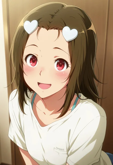masterpiece,best quality,amazing quality, kabe tomoe, cherry-red eyes, brown hair, 1girl, solo, open mouth, hair ornament, heart, smile, long hair, :d, heart hair ornament, shirt, blush