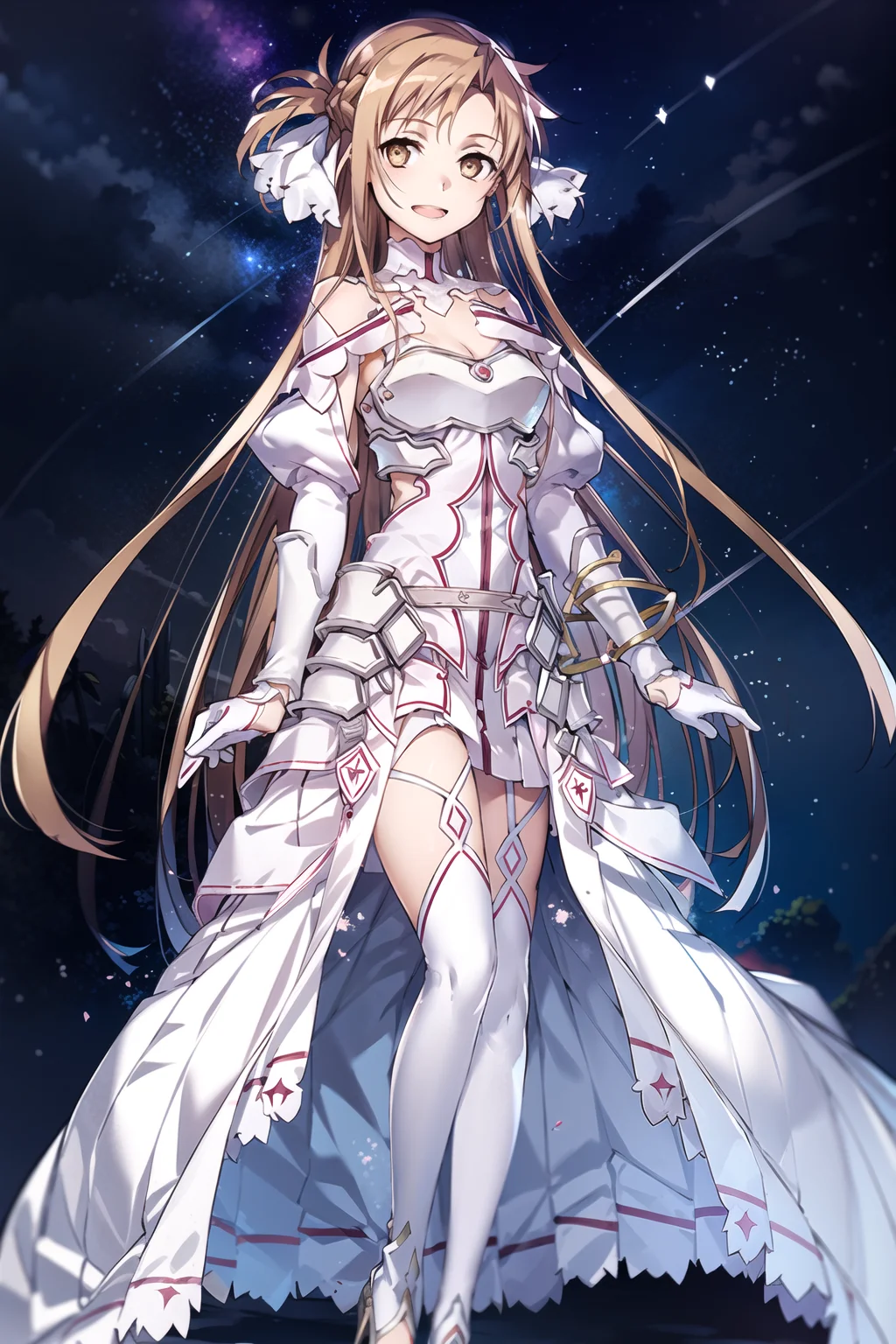 stacia, 1girl, solo, long hair, breasts, looking at viewer, smile, open mouth, bangs ,detailed eyes, beautiful background, (night sky, stars), hands on the chest, brown hair, thighhighs, gloves, dress, cleavage, bare shoulders, brown eyes, very long hair, standing, full body, white gloves, white dress, armor, white thighhighs, garter straps, fantasy, white armor, abec, <lora:StyleIllustratorStyle_bunbunStyle:0.6>, <lora:asuna_(stacia)-v1.5:0.66>