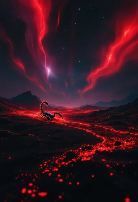 A breathtakingly vivid conceptual artwork of a black desert, illuminated by the eerie red glow of a moonlit night. The night sky is filled with a dazzling array of colors, with streaks of red light dancing across the vast expanse, adding to the surreal atmosphere. The desert sands have been transformed into an otherworldly landscape, painted with the same red light that casts an ethereal glow over the scene. In the center, a striking scorpion, a combination of red and black, scuttles across the sand. The overall atmosphere of this captivating painting is cinematic, evoking a sense of mystery and adventure, making it perfect for a poster or a stunning piece of conceptual art