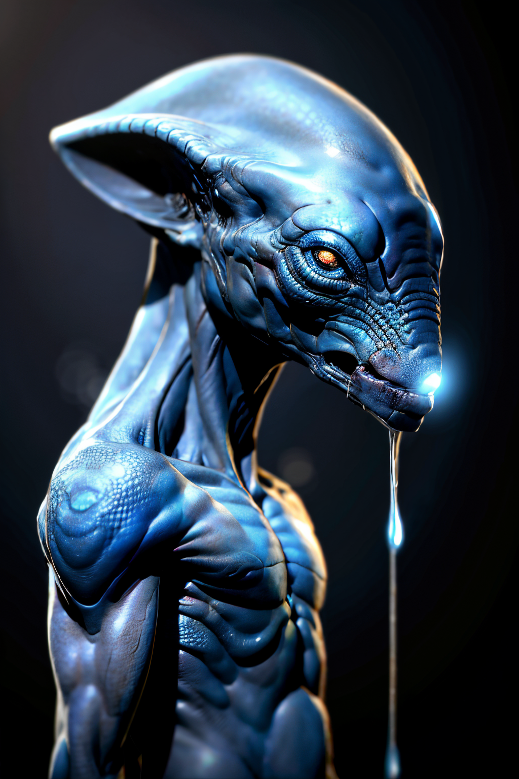 (Realistic:1.5) creature solo focus multiple boys blue skin upper body glowing eye from side facing viewer veins  <lora:EdobAlienSpecies_v1.0:0.8>
