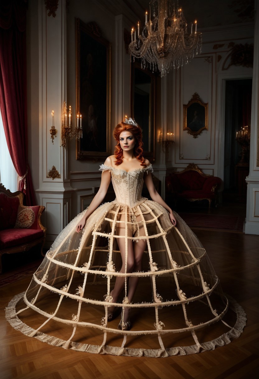 score_9, score_8_up, score_7_up, rating_safe, Fixhand, 
concept art, realistic, dark theme, low light, dvr-gs.
1girl, solo.
Ginger hair, Blue eyes. ((Long legs))
CrinolineDress. ((CageSkirt:1.5)),