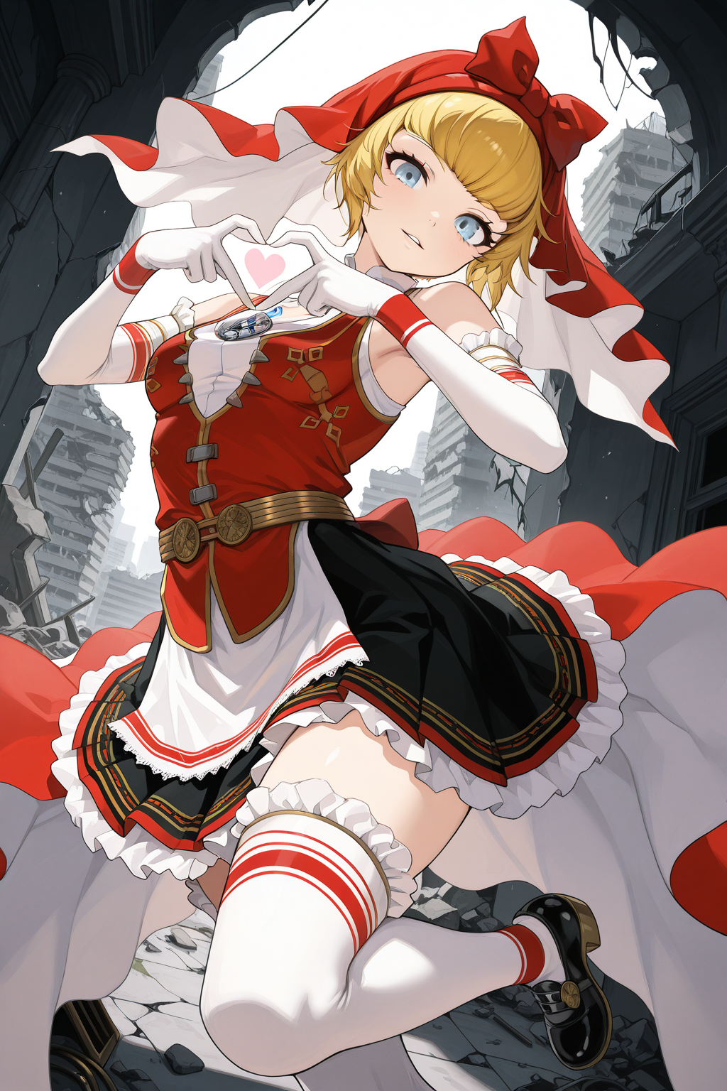1girl,
IdunnShinMegamiTensei,
general, solo, perspective, dutch angle, half body,
short hair, blonde hair, detailed eyes,
light smile, parted lips,
red hood, elbow gloves, 
skirt, white thighhighs,
idol, looking at viewer, dynamic pose, dancing, 
heart hands, leg up,
tokyo, indoors, ruins, building, 
<lora:kp_IdunnShinMegamiTenseiIllustrious_v1_0:1.0>,
masterpiece, best quality, amazing quality