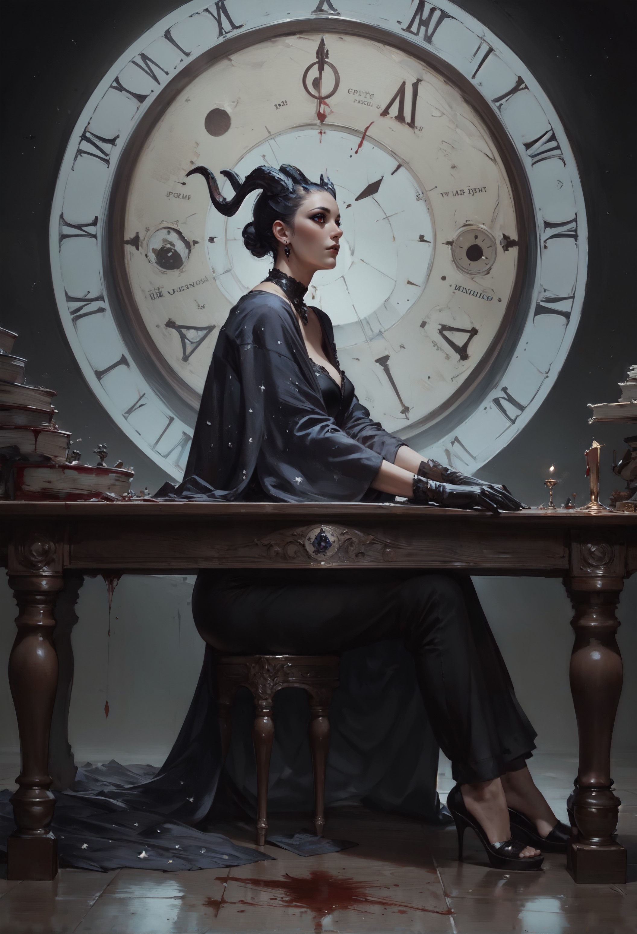 score_9, score_8_up, score_7_up,  realistic, side view, a beautiful dragon girl, full body, cosmic robe, (anthropomorphic:0.8), cosmic horror, black scales, small horns, straight horns, black makeup, leather gloves, detailed background, vintage style room, gothic, gothic palace, stone table, blood laboratory, magic spirit in the air, giant clock in the background  <lora:pony/twilight_style:0.8> <lora:pony/expressiveh:0.8> expressiveh