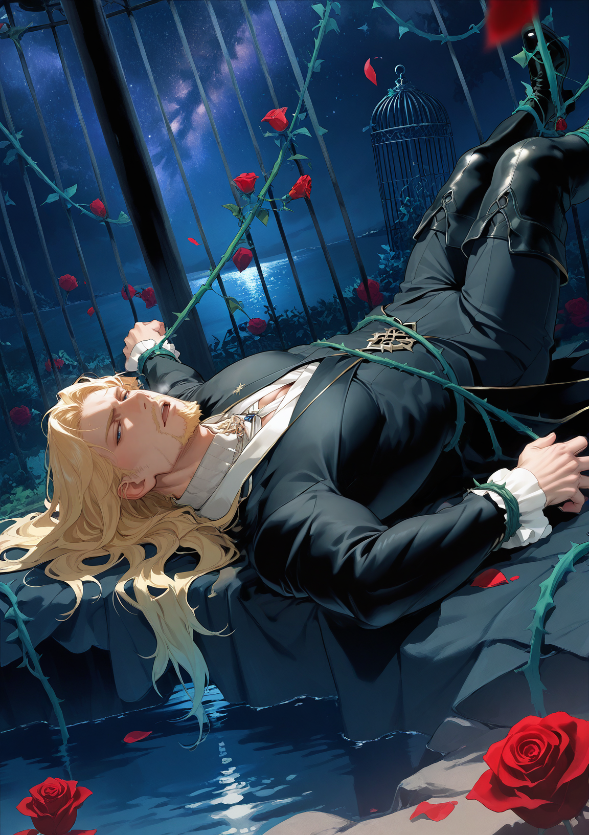 realistic shading,expressive face,looking at viewer,<lora:VladIIL>,1boy,beard,black coat,black footwear,black pants,blonde hair,blue eyes,boots,thigh boots,facial hair,mustache,full body,Vlad,long hair,long sleeves,manly,dynamic angle,masterpiece,best quality,dynamic angle,intricately detailed illustration,masterpiece,best quality,amazing quality,very aesthetic,absurdres,newest,starry_sky,lake,night,leaning,heavy_breathing,moaning,slender_waist,large_pectorals,jitome,Slightly_open_mouth,exhausted,endured_face,bound wrists,bondage,((rose)),(vine),cage,bandage,(detail light),falling rose petals,vines,Tied up by vines,<lora:detailed skin style illustriousXL v1 (1):1>,, score _9,score_8_up, score_7_up,source_anime,rating_explicit,