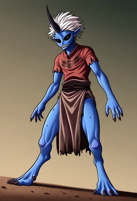 ((Alien humanoid)), solo, androgynous, aquatic features
blue skin, ((webbed skin between fingers)),
((nostrils only, nostril slits, vertical nasal slits, narrow nostrils)):1.6, ((narrow eyes)), ((black sclera, black irises)), smooth skin, pointy ears, small ears, tiny ears, holes in skin, forehead horn, short horn, veiny horn, ((single horn)):1.0, ((4 fingers)), fingernails, thin lips, ((white hair)), ((short hair, spiky hair)), sharp teeth, ((digitigrade legs)), bent legs,
full body shot
ragged clothes, muddy clothes, loincloth, tunic, dirty
Medieval style, fantasy style,
style: 4byss,
((Variety)):1.2
((dutch angle))
river background
fully clothed, loose clothing, clean lines, smooth colors, detailed fingers, sfw, source: semi-realistic, rating: pg, score: 8 up, score: 9