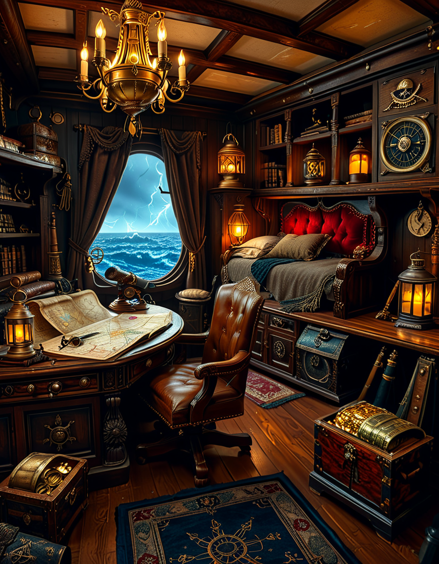 <lora:Captain_c4b1n:1>,Captain c4b1n
A richly detailed pirate captain's cabin aboard an 18th-century wooden ship. The room is dimly lit by flickering candlelight and a hanging oil lantern, casting warm golden glows on the dark oak walls. An ornate wooden desk sits at the center, covered with ancient, weathered maps, a golden compass, and scattered quills with ink bottles. A large, curved window at the back reveals the vast ocean under a moody, cloudy sky, with faint moonlight seeping in.
To the right, a massive wooden bookshelf filled with leather-bound books, nautical charts, and mysterious artifacts, some covered in dust. On the left, a polished mahogany chest with intricate carvings, partially open, revealing gold coins and shimmering gemstones. A grand captain's chair, upholstered in deep red velvet, sits behind the desk, exuding authority and power.
The wooden floor is rugged and slightly uneven, adorned with an old tattered rug. A cutlass and a flintlock pistol rest casually on the desk, while a pirate hat with a large feather hangs on the wall beside a mounted shipâs wheel. The atmosphere is both eerie and majestic, evoking the spirit of adventure and the mysteries of the sea.
<lora:SDXLFaeTastic2400:0.4> <lora:extremely_detailed:0.4> extremely detailed, Masterpiece,best quality,hi res,8k,hi res,8k,award winning,(sharp focus, intricate, highly detailed),
