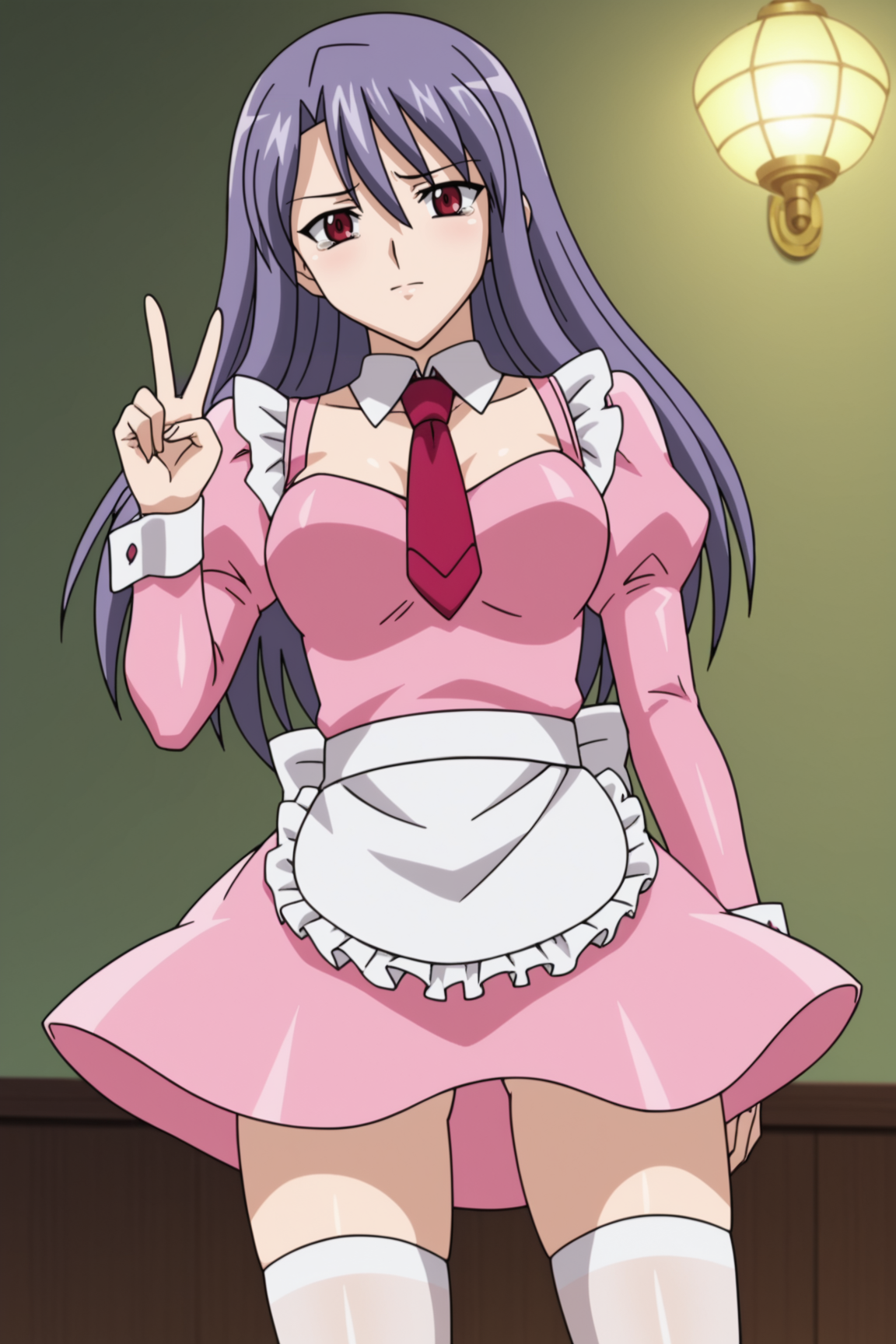 score_9, score_8_up, score_7_up, source anime, prefect lighting, very aesthetic, BREAK, anime coloring, anime screencap,
<lora:shiratori_miyu_v2-pdv6:1>, 1girl, shiratori miyu, aika zero, red eyes, purple hair, long hair,
maidmiyu, maid, apron, pink dress, frills, necktie, detached sleeves, long sleeves, puffy sleeves, white thighhighs,
BREAK, looking at viewer, 
BREAK, tearing up, v, peace sign
