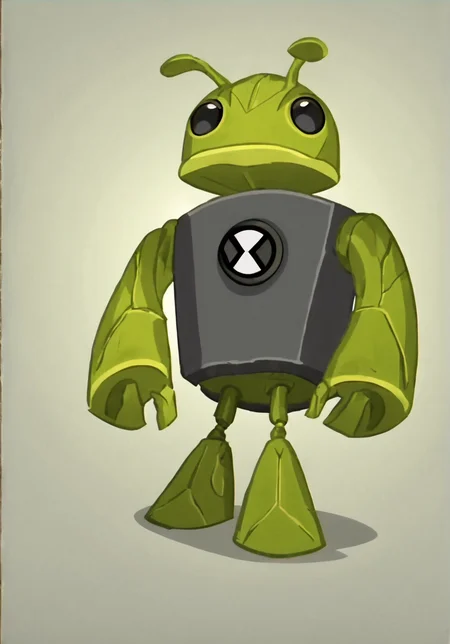 score_9, score_8_up, score_7_up, screencap, <lora:ben10-08:1> ben10, solo, no humans, full body, bodysuit, badge,detailed background, <lora:Bugdroid_GoogleAndroid_PXL_Leaf2:1> Bugdroid, no humans, solo, black eyes, green skin