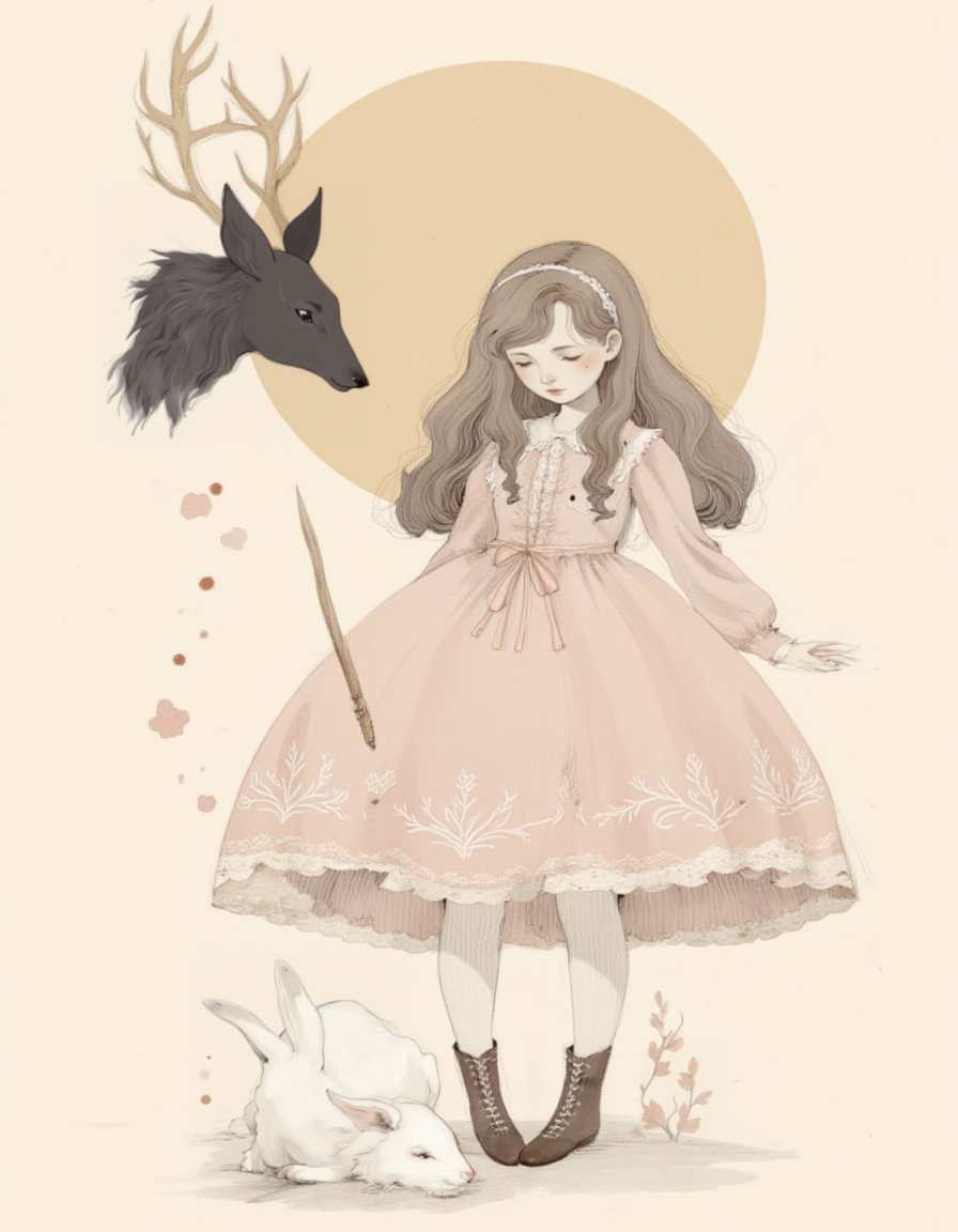 <lora:choffi:1>,This is a digital drawing in a soft, pastel color palette with a whimsical, fairy-tale aesthetic. The central figure is a young girl with long, wavy brown hair adorned with a white headband. She wears a large, pink dress with intricate lace patterns and a high collar, complete with puffed sleeves and a frilly hem. Her shoes are brown, lace-up boots. She stands on a beige, textured background, and her expression is calm and focused.
In front of her, on the ground, lies a white rabbit with long ears and a gentle demeanor. The rabbit's eyes are closed, and it appears to be sleeping. The girl is holding a magic wand, which she is using to cast a spell. Surrounding her are several small, dark, smoky orbs, indicating the magic she is casting. 
To the left of the girl, there is a large, dark silhouette of a deer with antlers, floating in the air. The deer's expression is somewhat mysterious, and it seems to be watching the girl intently. The background features a large, pale yellow circle that acts as a sun or moon, casting a soft glow over the scene. The overall style is reminiscent of vintage children's illustrations, with delicate lines and soft shading