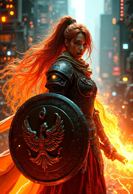 photorealistic image of a warrior with half cybernetic eyes with flames cascading from her armor, wearing extremely long scarf flowing around her neck, electrical discharge, equipping with large fiery shield with phoenix emblem and flaming weapon with lightning element imbued, standing at the center of a cyber nexus with glowing circuitry and digital interfaces, blending fantasy fire magic with high-tech environments, dynamic lighting with reflections on metallic surfaces, ultra-detailed textures, vibrant colors, next-gen graphics, high-definition, complex composition, cinematic
cinematic scene, cinematic lighting, intricate detail skin and facial texture, lifelike expression, accurate character design, dynamic pose, interesting and complex background details, complex dynamic pose,
the woman characteristic are tall heightadult 35 years old, long fiery hair, long bangs, high ponytail, flaming scar on her face